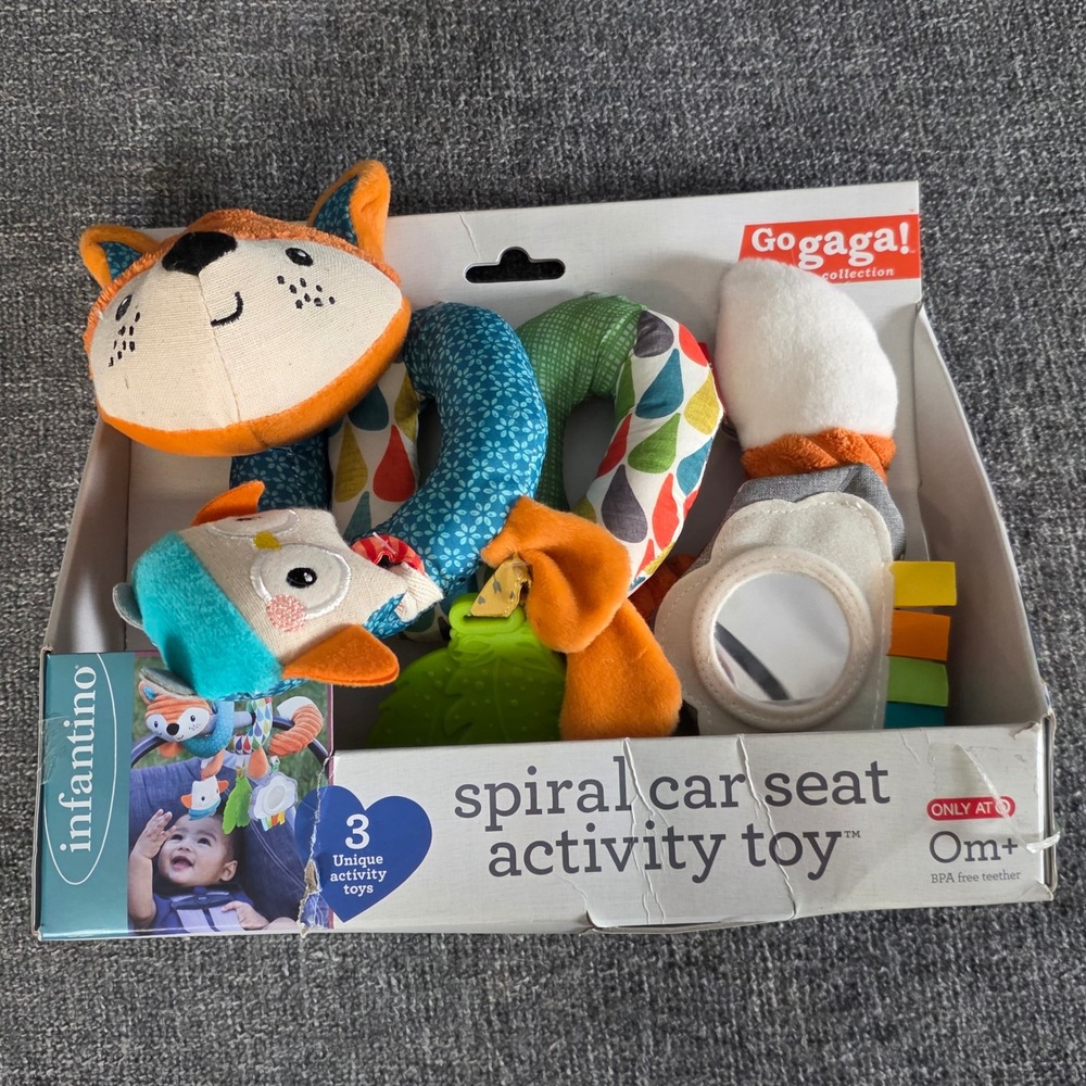 Infantino Gogaga Spiral Car Seat Activity Toy Fox Owl Teether Mirror 0m+ New
